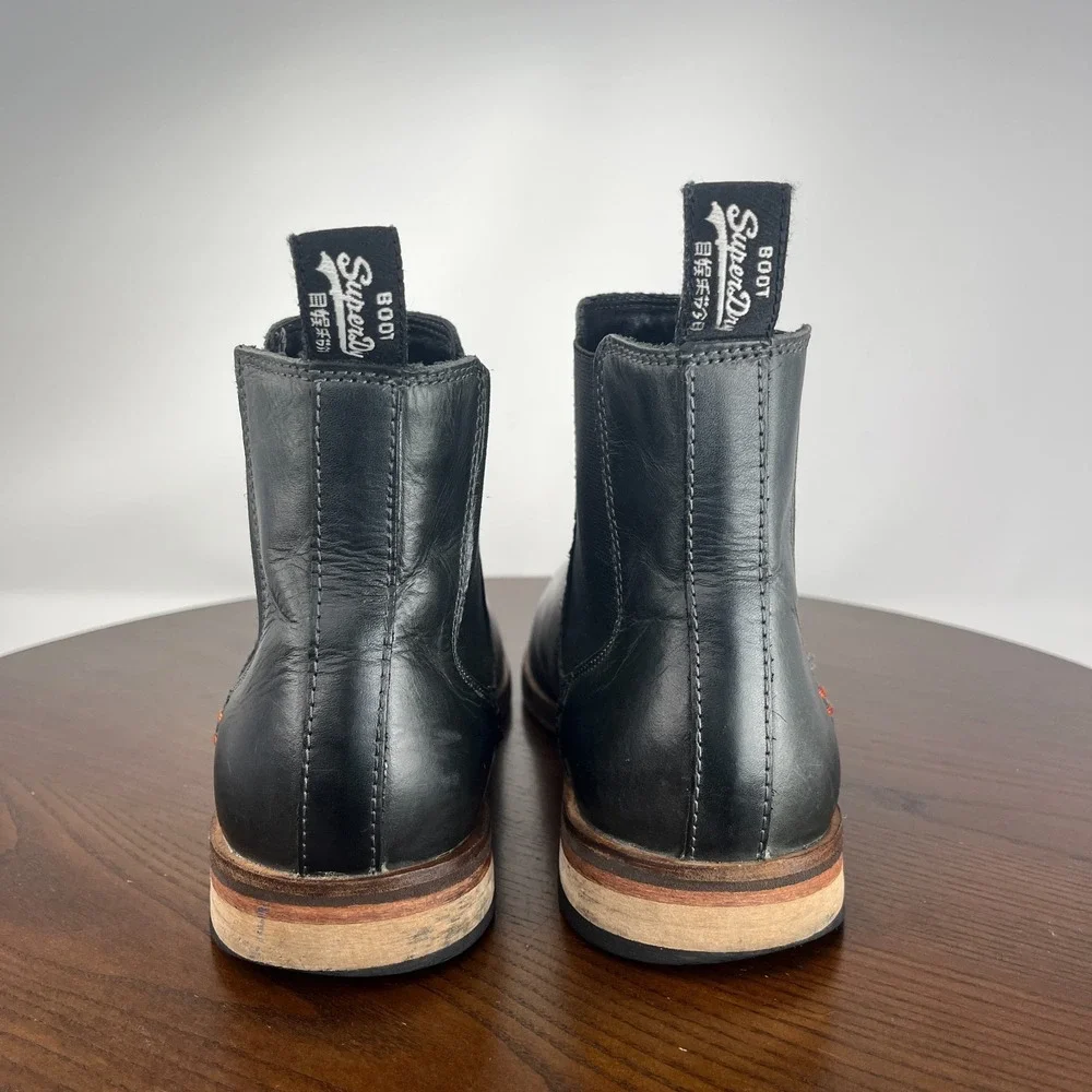 Superdry Meteor Boots Men's 8 Black Leather Chelsea Plain Toe Dress Moto Pull On